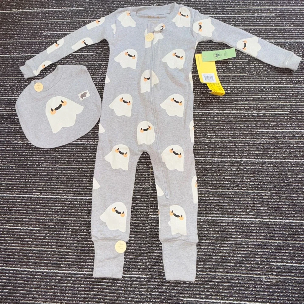 Monica + Andy Ghost Coverall Bib Set Kids 18-24M NEW Organic Cotton Gray Pajamas